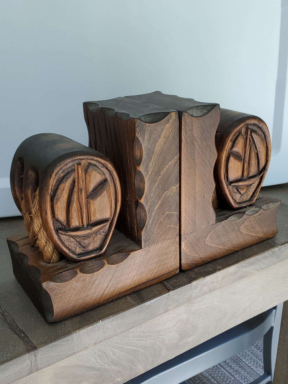 Set Of Vintage Hand-Carved Wooden Nautical Bookends in Dark Brown